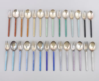 Norwegian 28-Piece Enameled Sterling Silver Flatware Service Theodor Olsens Eftf, Bergen