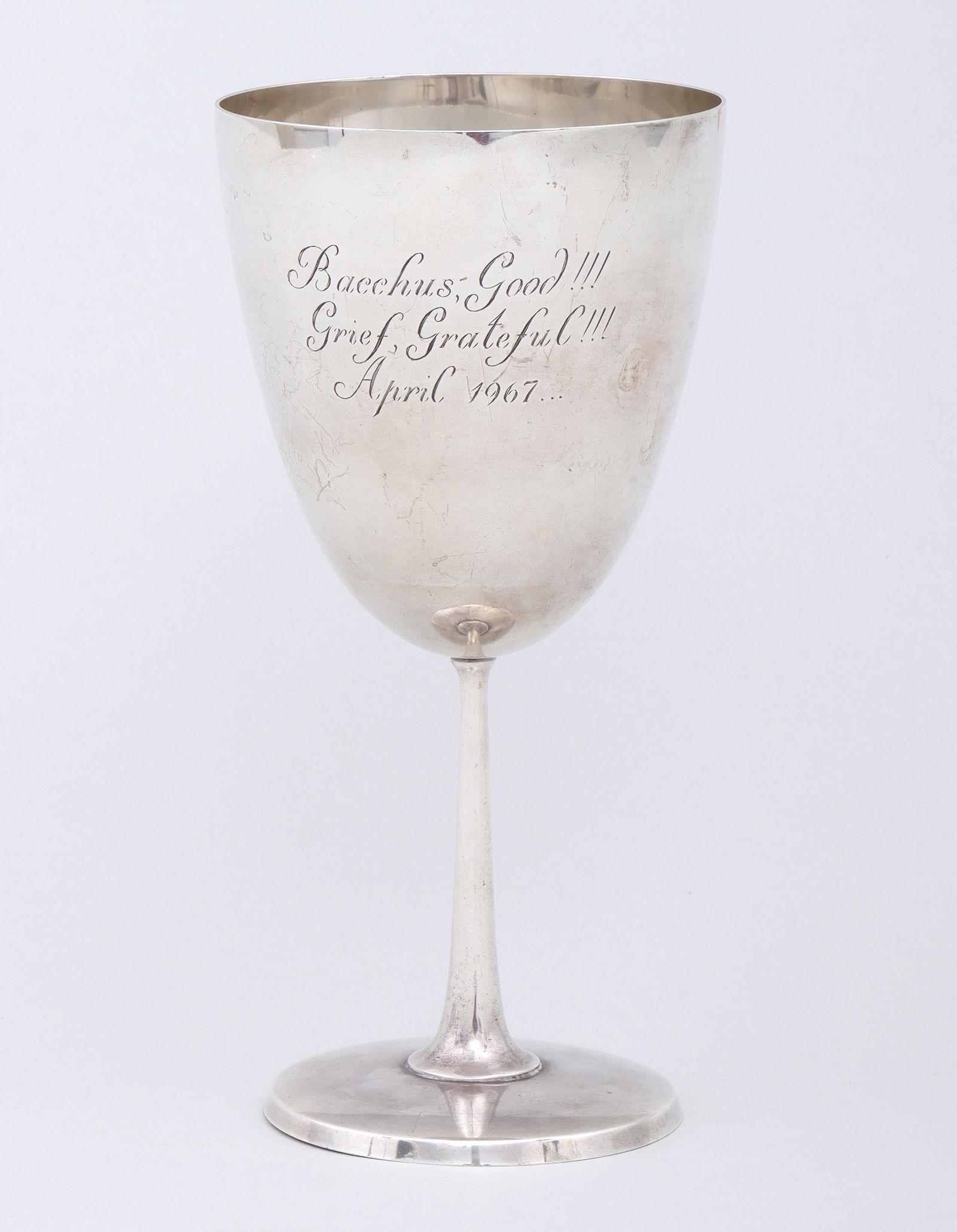 Tiffany & Co. Sterling Silver Chalice or Trophy: Tiffany & Co. Sterling Silver Chalice or Trophyinscribed "Bacchus, Good!!! Grief, Grateful!!! April 1967...", marked and numbered on bottom.6-7/8"h x 3-3/8"dia; total approximate w