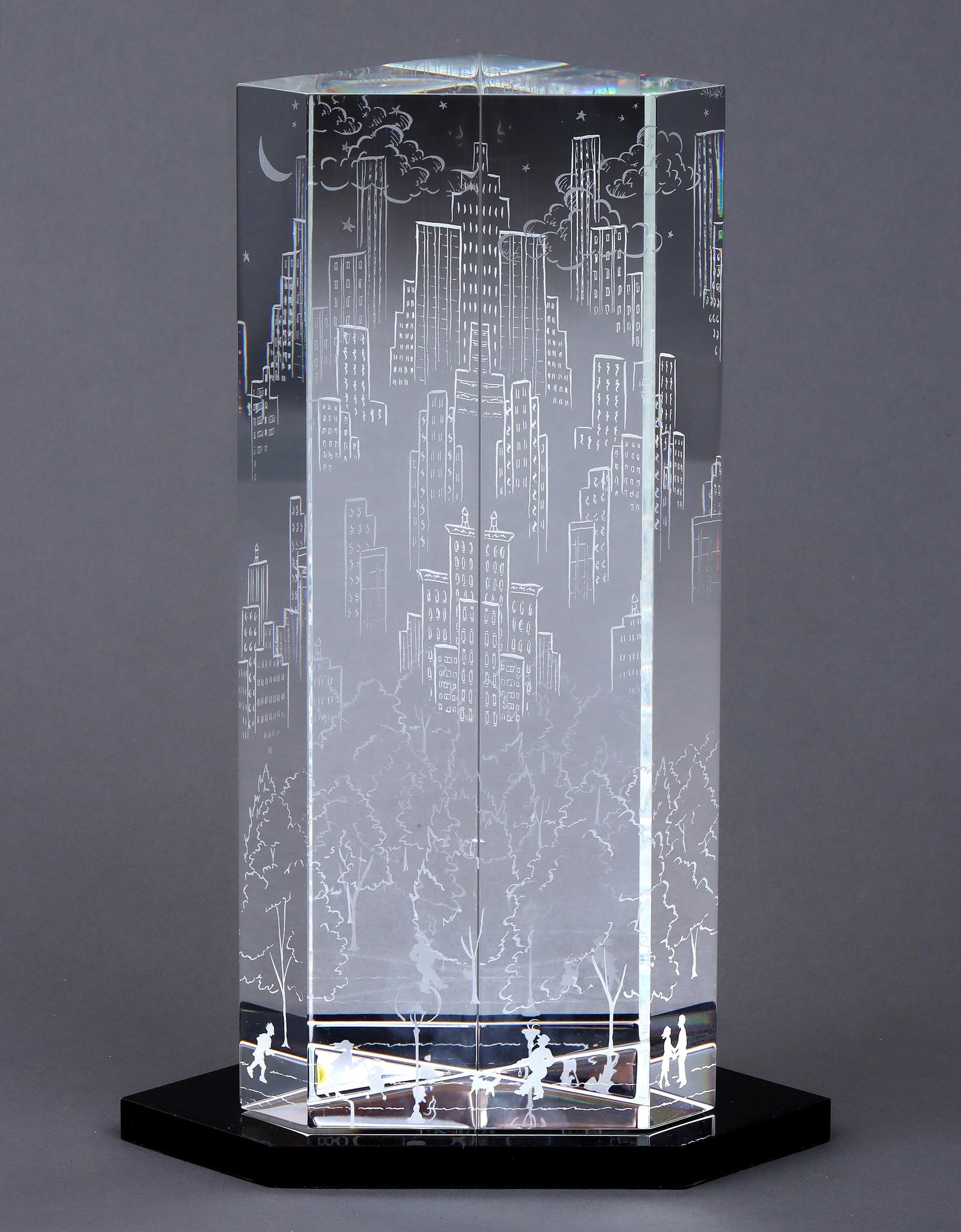 Steuben "Evening in the Park" Prism Sculpture: Steuben "Evening in the Park" Prism Sculpture Joel Smith and Meredith Hamilton, c. 2000, etched glass prism, each side depicting part of a nighttime sky, city skyline, and park scene with figures, the