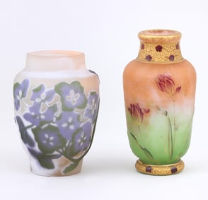 Group of (2) Daum Nancy and Galle Miniature Floral Cameo Glass Vases