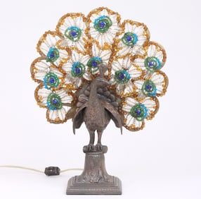 Art Deco Glass Bead Peacock Table Lamp