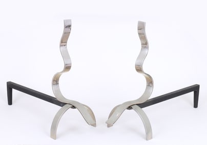 In the Style of Donald Deskey (American 1894-1989), Pair of Modern Chrome Andirons