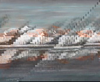 Jean-Pierre Capron (French 1921-1997), Village Along a River, 1964, oil on canvas