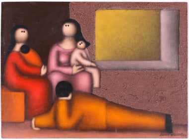 Jesus Leuus (Mexican 1948-2008), "Family", 1983, acrylic and marble dust on Masonite board