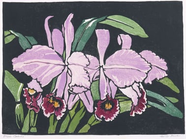 William Seltzer Rice (American 1873-1963), "Pink Orchids", woodcut in colors