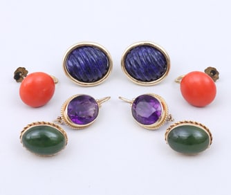 Group of (4) Pairs of Gold Earrings with Semi-Precious Stones
