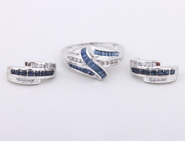 Two-Piece Sapphire and Diamond 14k White Gold Jewelry Set