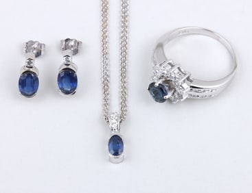 Group of (3) Sapphire and Diamond White Gold Jewelry