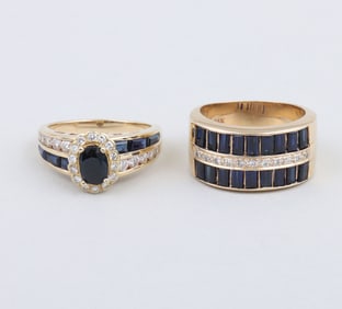 Group of (2) Sapphire and Diamond 14k Gold Rings