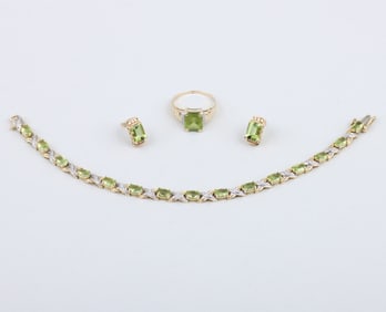 Group of (3) Semi-Precious Green Stone and Diamond 14k Gold Jewelry