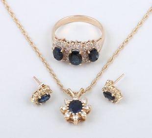 Group of (3) Sapphire and Diamond Halo 14k Gold Jewelry