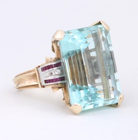 Aquamarine, Ruby and Diamond 14k Gold Ring