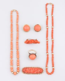 Group of (6) Coral and Gold Jewelry