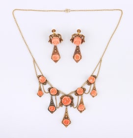 Two-Piece Set of Carved Pink Coral and 14k Gold Jewelry