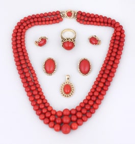 Group of (5) Red Coral and Gold Jewelry