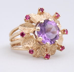 14k Gold Amethyst and Ruby Ring
