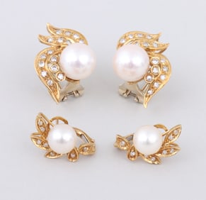 Group of (2) Pairs of Pearl, Diamond, and 18k Gold French-Clip Earrings