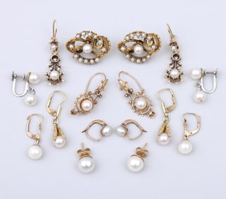 Group of (8) Pairs of Gold Pearl Earrings