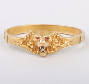 Victorian Low Karat Lion Bangle with Precious Stones