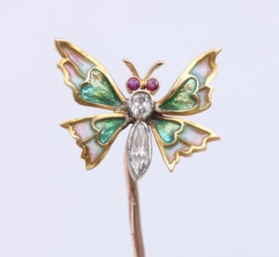 Art Nouveau Diamond and Gold Plique-A-Jour Butterfly Stickpin