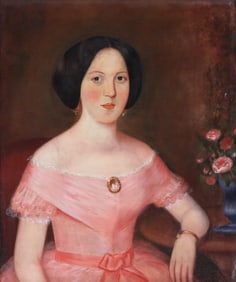 American School (19th Century), Portrait of a Young Lady with Roses, oil on canvas