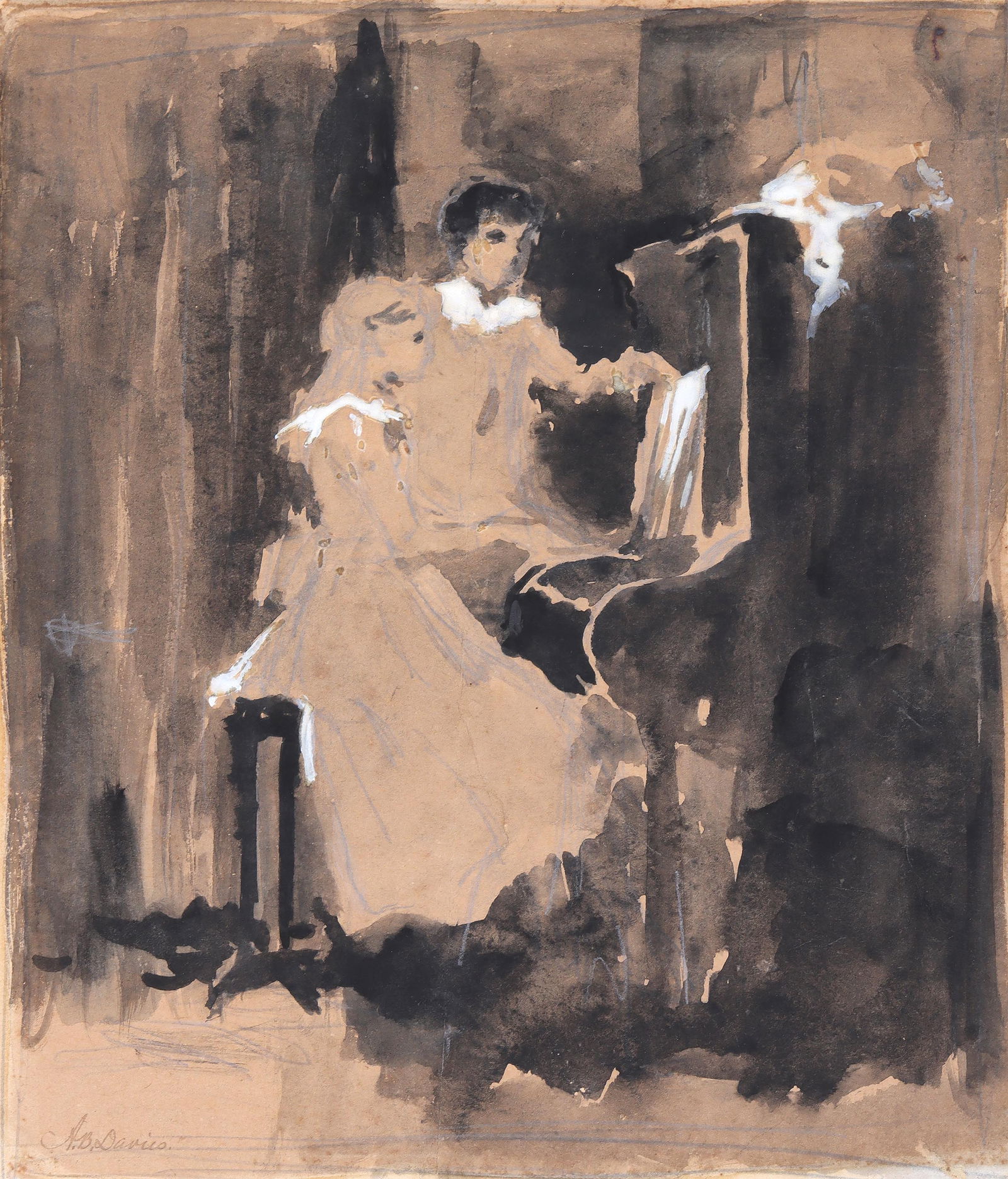 Arthur B. Davies (American 1862-1928), Girls at Piano (Study), watercolor and pencil on paper: Arthur B. DaviesAmerican, 1862-1928Girls at Piano (Study)watercolor and pencil on papersigned "A. B. Davies" in ink lower left. Laid down to cardboard, matted and framed under glass.11 x 9 1/2 in. (27