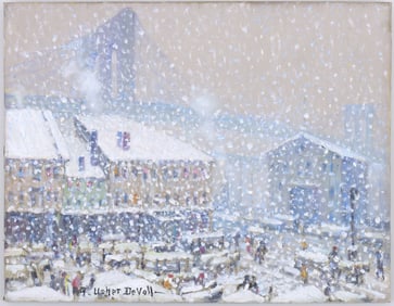 Frederik Usher Devoll (American 1873-1941), "New York Waterfront, Winter", oil on canvasboard