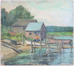 Clara Moore Howard (American 1882-1961), Double-Sided Painting: Dock Scene and Peconic Bay Landscape