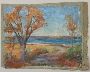 Julia M. Wickham (American, Long Island 1866-1952), Peconic Bay Autumn Landscape, oil on unstretched