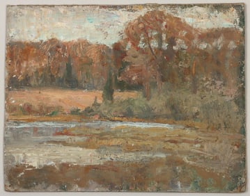 Julia M. Wickham (American, Long Island 1866-1952), Tonal Autumn Landscape, oil on board