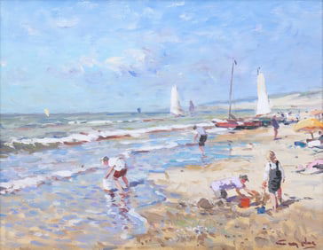 Niek van der Plas (Dutch b. 1954), Beach Scene, oil on panel