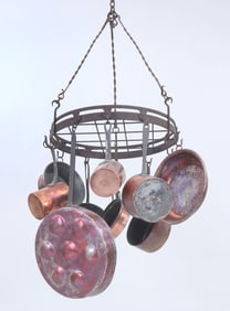 Collection of (9) Early Copper Pots and Pans with Rack