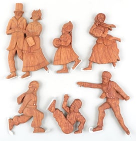 Group of (6) 19th Century Folk Art Teak Carvings Depicting Ice Skaters