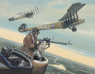 Thomas M. Hoyne (American 1924-1989), WWI Royal Flying Corps, Handley Page Bombers, gouache
