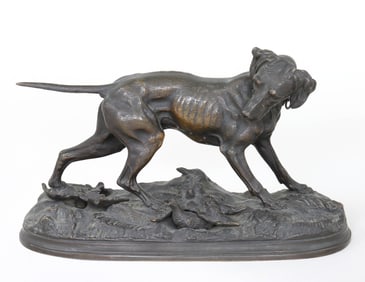 Jules Moignez (French 1835-1894), Pointer Dog with Game Birds, bronze