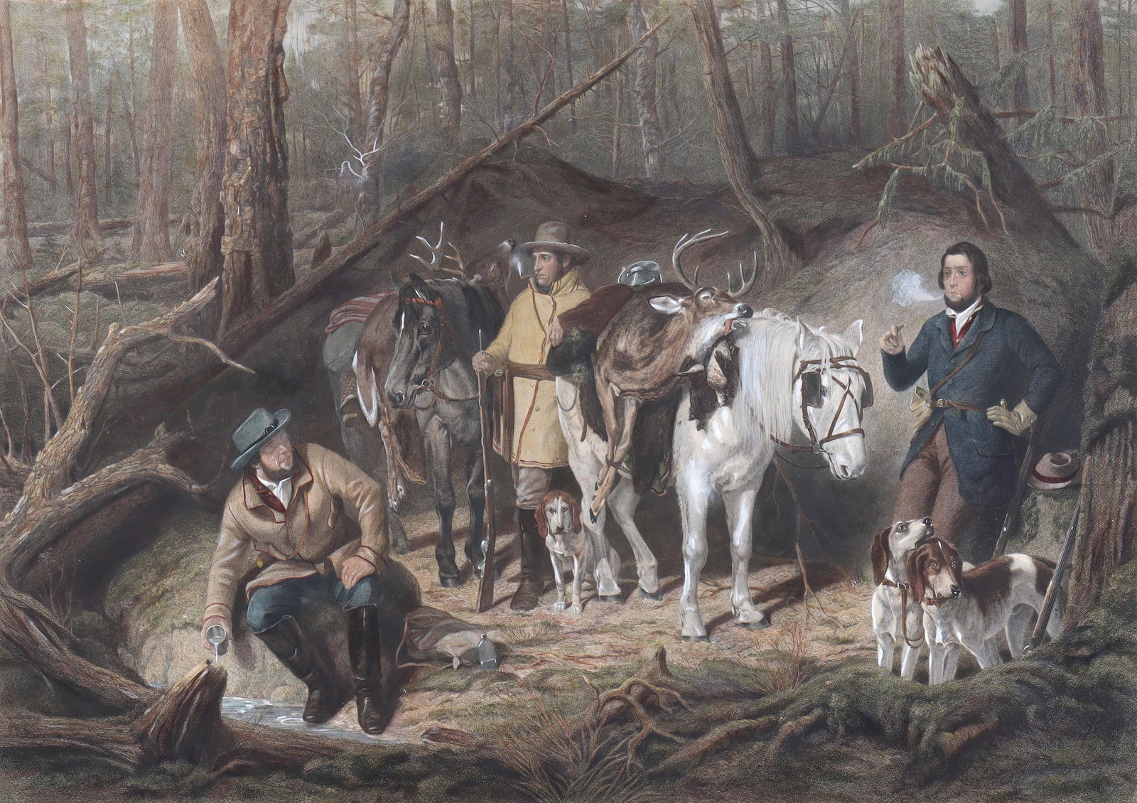 After Arthur Fitzwilliam Tait (American 1819-1905), "Halt in the Woods", hand-colored engraving: After Arthur Fitzwilliam TaitAmerican, 1819-1905"Halt in the Woods"hand-colored engraving heightened with white and gum arabicon wove paper, engraved by Cottin, published by Goupil & Co., Ne