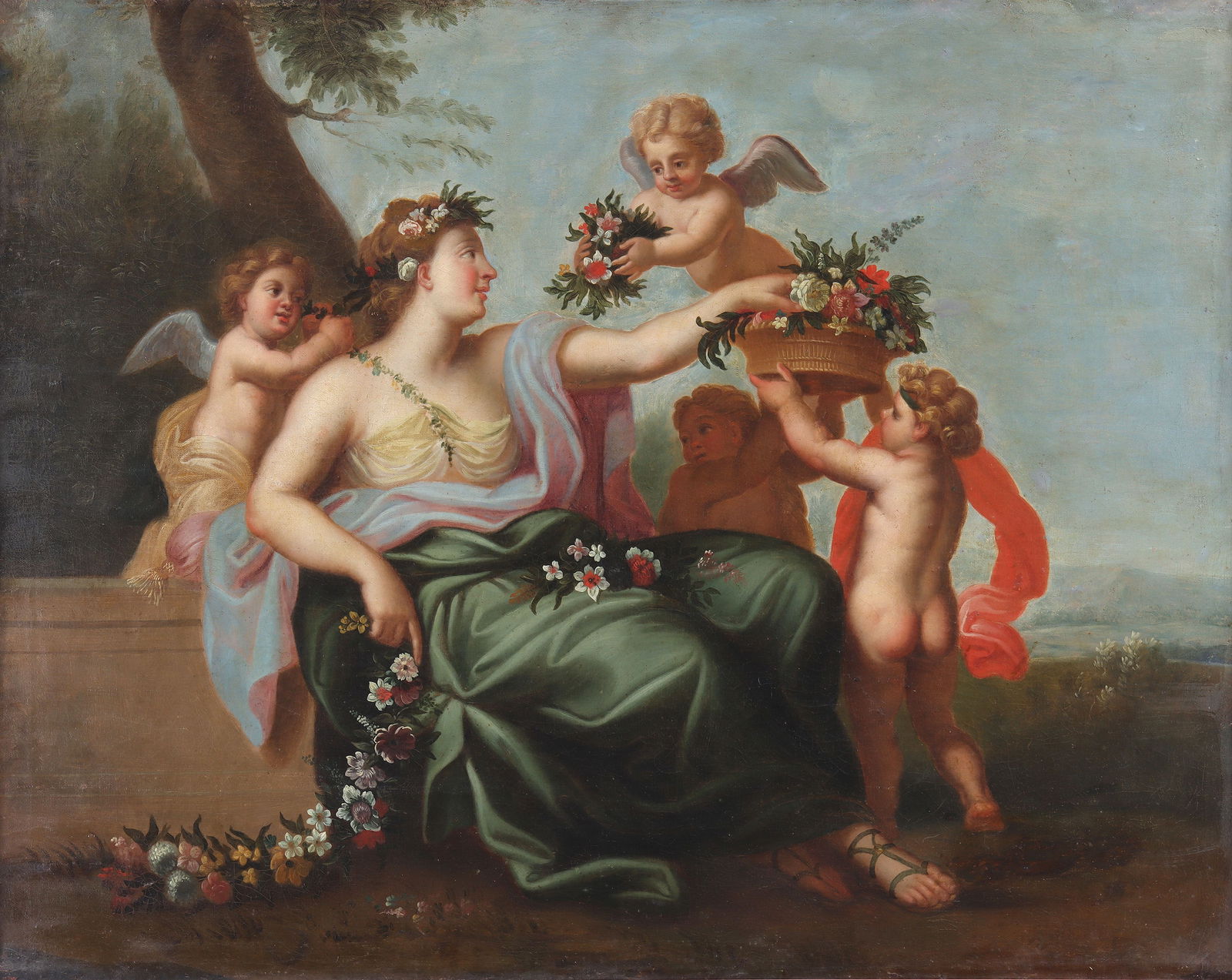 Continental School (18th century), Flora with Putti, oil on canvas: Continental School (18th century)Flora with Putti, oil on canvas, unsigned.Provenance: Property of a distinguished gentleman, North Shore, Long Island, New York.Canvas 31 x 29 in. (78.7 x 73.7 cm.); f