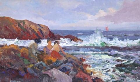 American School (20th Century), Bathers on Rocks, oil on canvas