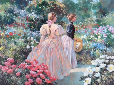 Dianne Flynn (British b. 1939), Young Women in a Flower Garden, oil on canvas