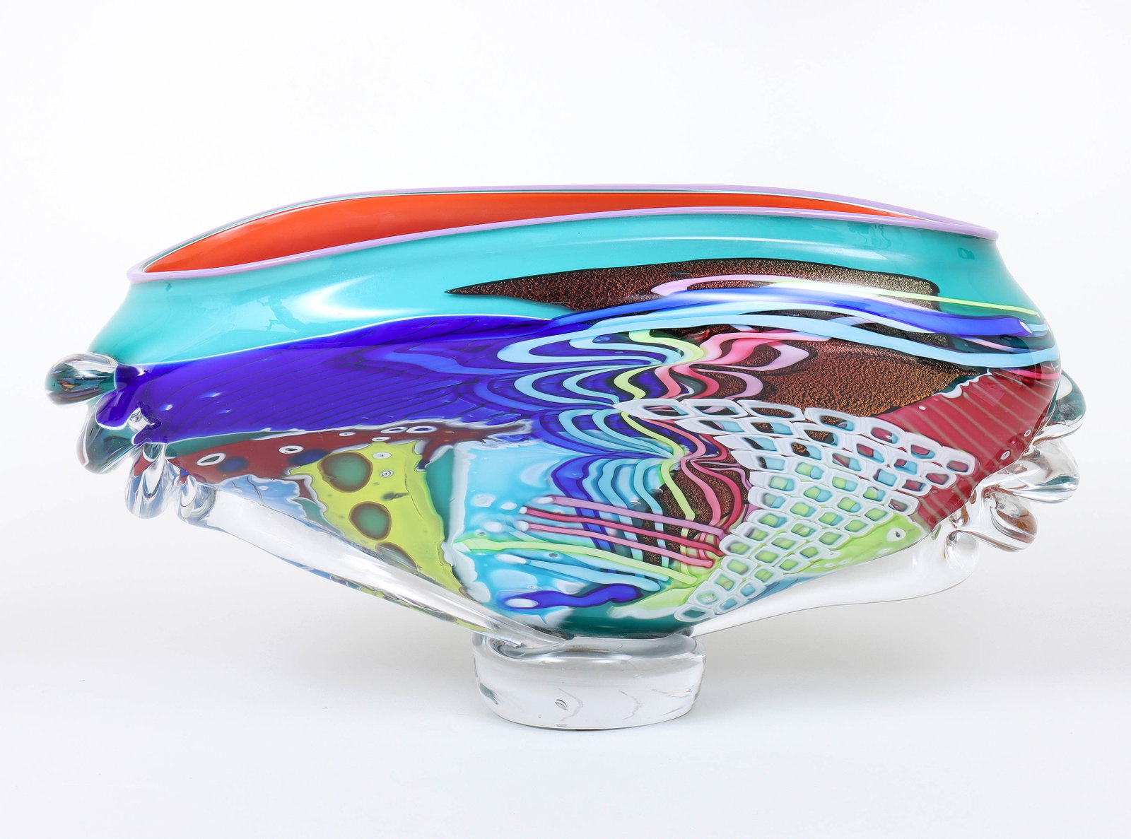Peter Ridabock (American 20th century), "Oceanic Wave" vessel, 2001, blown glass: Peter Ridabock American, 20th century "Oceanic Wave" vessel, 2001 blown glass signed "Ridabock and Harlocker" and dated on foot. 9 3/4 x 19 x 9 in. (24.8 x 48.3 x 22.9 cm.)