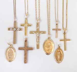 Group of (9) Religious Gold Pendants and Necklaces