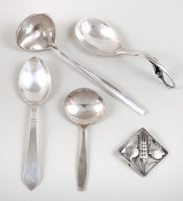 Group of (5) Georg Jensen Sterling Silver Flatware and Jewelry