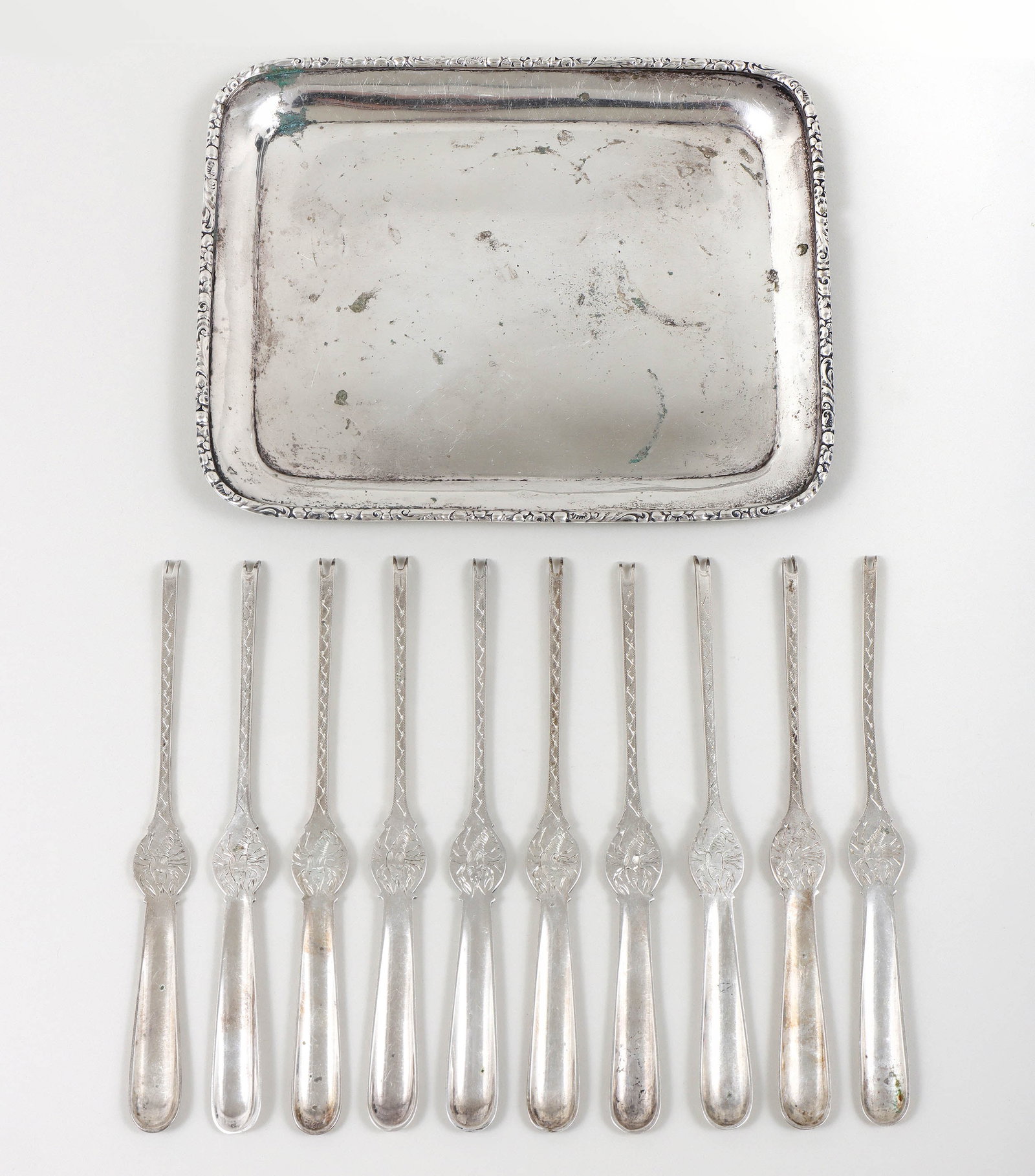 Group of (11) Dutch .833 Silver Items: Group of (11) Dutch .833 Silver Items to include: set of (10) lobster picks, Rotterdam, 1914, having one end with two-tine pick or fork, other end with elongated scoop, and center with an engraved lob