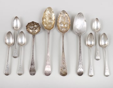 Group of (10) 18th/19th Century English Sterling Silver Bright-Cut and Engraved Spoons