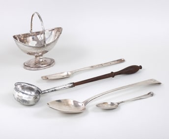 Group of (5) George III Sterling Silver Flatware and Basket