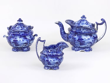 Three-Piece Historical Staffordshire Flow Blue Transferware Tea Set