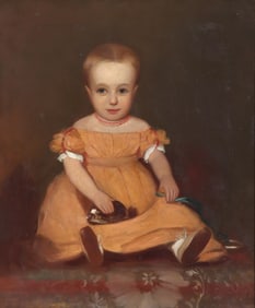 British or American Folk Art School (19thC.), Portrait of a Girl in a Coral Necklace holding a