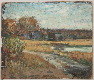 Julia M. Wickham (American, Long Island 1866-1952), Autumn Landscape with Homestead, oil on board
