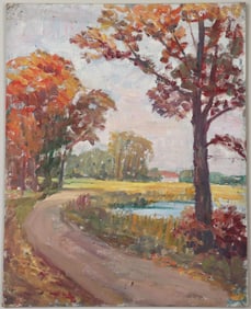 Julia M. Wickham (American, Long Island 1866-1952), Autumn Lane, oil on canvasboard