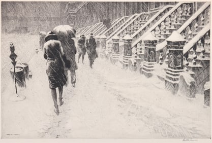 Martin Lewis (American 1881-1962), "Stoops in Snow", 1930, drypoint with sand ground